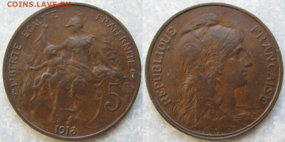 Франция 5 сантим 1913    до 22-11-19 в 22:00 - Франция 5 сантим 1913    195-ак4-4222