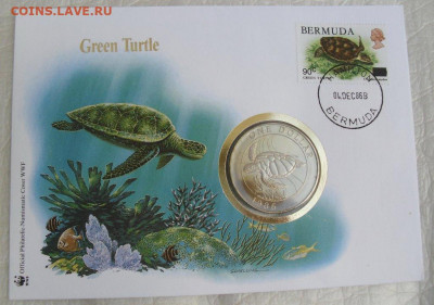 КПД Бермуды 1$ доллар 1986 Черепаха Крона Шайба - krona_shajba_bermudy_1_dollar_1986_cherepakha_konvert_25_let_vsemirnomu_fondu_dikoj_prirody_kpd_fauna