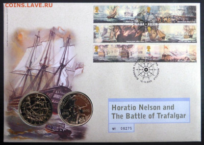 КПД Великобритания 5 фунтов 2005 Адмирал Нельсон и Корабль - kpd_velikobritanija_5_funtov_2005_trafalgarskoe_srazhenie_admiral_nelson_korabl_krona_shajba_bunc