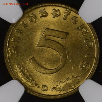 5 рейхспфеннигов 1938 D NGC MS65. Оценка - 5рп-38-3