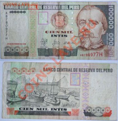 Недорогие иностранные банкноты. Состояние Пресс. - Перу 100000 инти 1988г