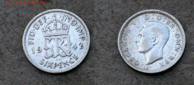 Великобритания 6 пенсов 1942 - Серебро Великобритания 6 пенсов 1942 Георг  18-3-6