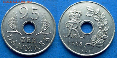 Дания - 25 эре 1968 года (с отверстием) до 15.12 - Дания 25 эре, 1968