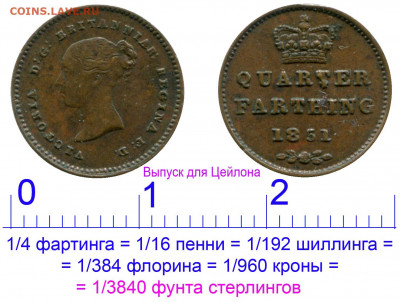 Англия. - Четверть фартинга 1851 года для Цейлона