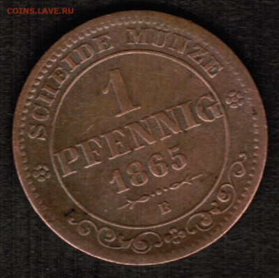 Германия - Саксония - 1 пфенниг 1865 года - 1 пфенниг 1865 Саксония Альбертина реверс