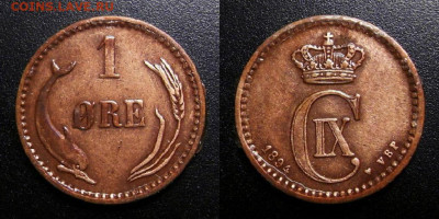 Дания – 1 эре (1894) до 24.12 (22.00) - Дания – 1 эре (1894) «Дельфин» (монета под лаком) №1