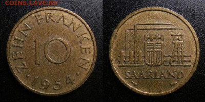 Саар (Саарланд) – 10 франков (1954) до 25.12 (22.00) - Саар (Саарланд) – 10 франков (1954)