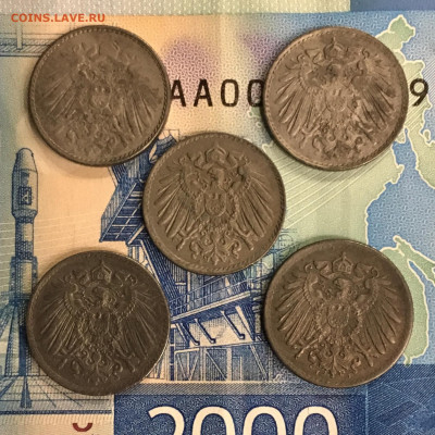 Германия 5 пфеннигов 1917 - 1921года 5 шт. До 22:00 07.01.19 - 889E0FE7-166F-42C6-A421-92A3C6248C6B