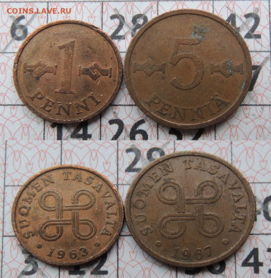 Финляндия 2 монеты (1 пенни 63 + 5 пенни 67) медь до 24.01 - фин 2 монеты медь