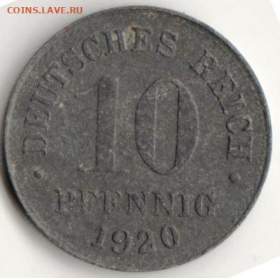 Германия 10 пфеннигов 1920 г. Zn до 24.00 26.01.20 г. - 095