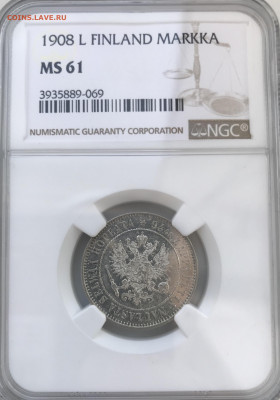 1 марка 1908 г , для Финляндии, NGC MS 61 - A01C0CE7-2D6E-42CC-82C1-2F903D9A8D3A