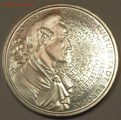 10 марок ФРГ 1999. Гёте. UNC. Серебро. - 10 марок ФРГ 1999 - 4