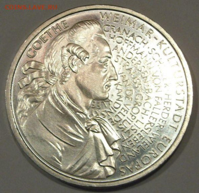 10 марок ФРГ 1999. Гёте. UNC. Серебро. - 10 марок ФРГ 1999 - 3