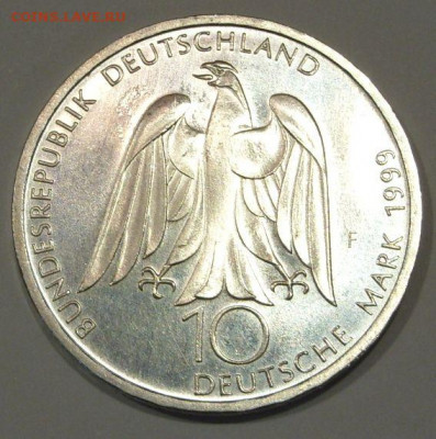 10 марок ФРГ 1999. Гёте. UNC. Серебро. - 10 марок ФРГ 1999 - 2