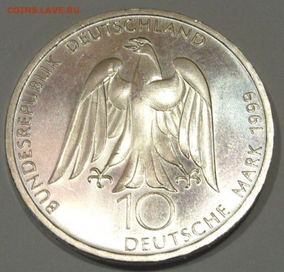 10 марок ФРГ 1999. Гёте. UNC. Серебро. - 10 марок ФРГ 1999 - 1
