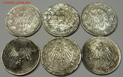 2 марки 6 штук лом. 1906-1917. Серебро. - 1-2 марки 6 штук лом - 2