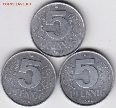 ГДР 5 пфеннигов 1968 г. 3 шт. до 24.00 03.02.20 г. - 048