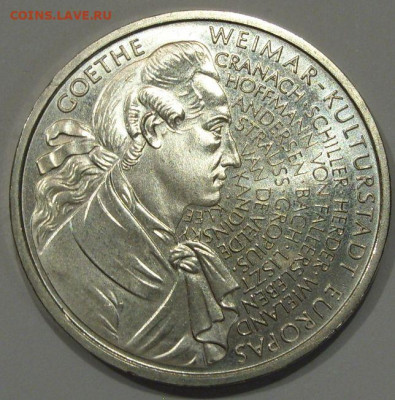 10 марок ФРГ 1999. Гёте. UNC. Серебро. - 10 марок ФРГ 1999 Гёте - 2-2