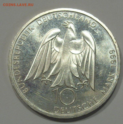 10 марок ФРГ 1999. Гёте. UNC. Серебро. - 10 марок ФРГ 1999 Гёте - 2-1