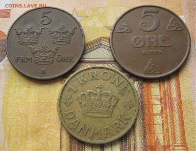ДАНИЯ 1 крона 1929, ШВЕЦИЯ 5 эре 1923, НОРВЕГИЯ 5 эре 1939, - 031.JPG