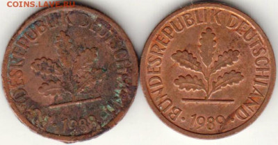 ФРГ 1 пфенниг 1988 г.J 1989 F до 24.00 29.02.20 г. - 018