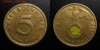 Германия (3-й Рейх) – 5 рейхспфеннигов (1937 G) до 12.03 (22 - Германия (3-й Рейх) – 5 рейхспфеннигов (1937 G)