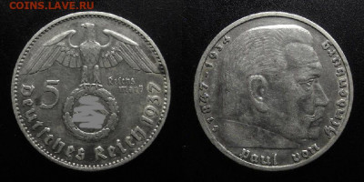 Германия (3-й Рейх) – 5 марок (1937 J) до 14.03 (22.00) - Германия (3-й Рейх) – 5 марок (1937 J) «Гинденбург» (Ag)