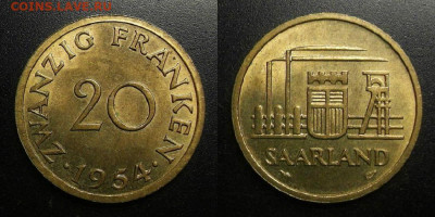 Саар (Саарланд) – 20 франков (1954) до 17.03 (22.00) - Саар (Саарланд) – 20 франков (1954) №5