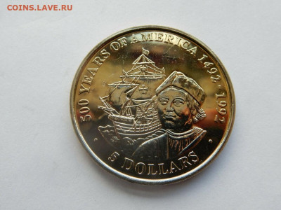 Крона Шайба Острова Кука 5$ долларов 1991 500 лет открытие - krona_shajba_ostrova_kuka_5_dollarov_1991_500_let_otkrytie_ameriki_kolumb_korabl_parusnik_flot