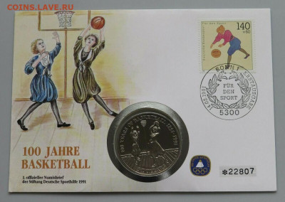 КПД Крона Шайба Ниуэ 5 долларов 1991 100 лет Баскетбол спорт - kpd_krona_shajba_niue_5_dollarov_1991_100_let_basketbol_sport_konver_pervogo_dnja_marki