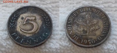 ГЕРМАНИЯ 5 пфеннигов 1950 J до 31.03.20, 22.00 мск - ГЕРМАНИЯ 5 пфеннигов 1950 J 20200326_1122