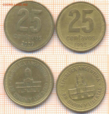 Аргентина 25 сентаво 1992,2009 г., до 18.04.2020 г. 22.00 по - Аргентина 25 сентаво 2 шт 573
