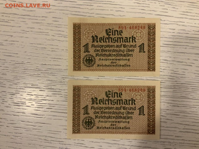 Германия 1 рейхсмарка 1939 UNC номера к ряду до18.04 в 22:00 - A4F020FF-D18E-4446-B4EF-F41AD622F9E9