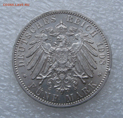 Великое герцогство Баден. Фридрих II. 5 МАРОК 1908 года. UNC - 5марок1908 (4).JPG