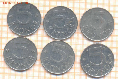 Швеция 5 крон 1982-2002 гг , фикс 30 руб - Швеция 5 крон 6шт 1фикс 688