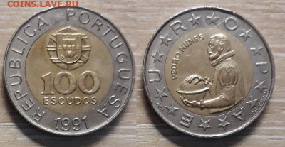Португалия 100 эскудо 1991  Биметалл 25.04.20   22.00 - Португалия 100 эскудо 1991