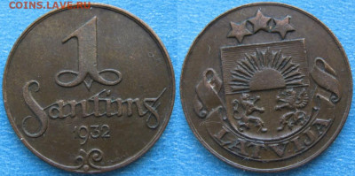 45.Монеты Латвии 1922-2003г. - 45.1. -Латвия 1 сантим 1932    187-ас45-9648