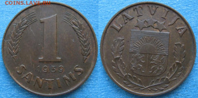 45.Монеты Латвии 1922-2003г. - 45.4. -Латвия 1 сантим 1939    187-ас45-9650