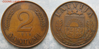 45.Монеты Латвии 1922-2003г. - 45.10. -Латвия 2 сантима 1939    188-ак8-4056