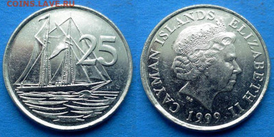 Каймановы острова - 25 центов 1999 года (Парусник) до 30.04 - Каймановы острова 25 центов, 1999