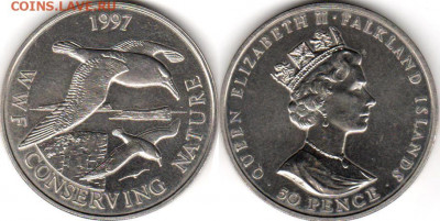 Крона Шайба Фолклендские острова 50 пенсов 1997 Альбатрос - krona_shajba_folklendskie_ostrova_50_pensov_1997_chernobrovyj_albatros_unc_wwf_pticy_sokhranim_prirodu