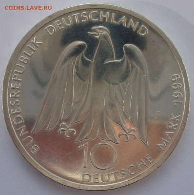10 марок ФРГ 1999. Гёте. UNC. Серебро. - 10 марок ФРГ 1999 Гёте - 3-1