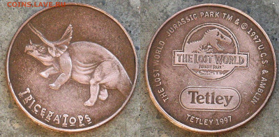 Токен Жетон Трицератопс Парк Юрского периода 1997 КРУПНЫЙ 38 - Токен Жетон Трицератопс Парк Юрского периода 1997 КРУПНЫЙ 38мм 5-7
