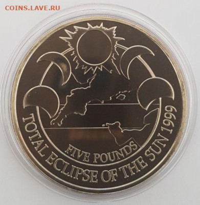 Крона Шайба Олдерни 5 фунтов 1999 Полное солнечное затмение - krona_shajba_olderni_5_funtov_1999_polnoe_solnechnoe_zatmenie_kosmos_unc_solnce_luna_planety