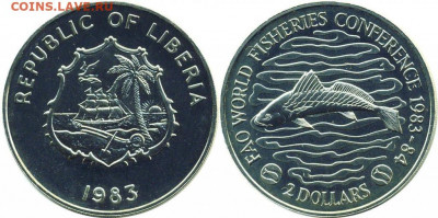Крона Шайба Либерия 2$ доллара 1983 рыбная конференция ФАО - krona_shajba_liberija_2_dollara_1983_rybnaja_konferencija_fao_fao_ryba_fauna