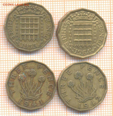 Великобритания 3 пенса 1941,42,55,64 г., до 14.05.2020 г. 22 - Великобритания 4 монеты1 849