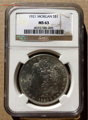 США 1 Доллар Моргана 1921 P СЕРЕБРО Слаб NGC MS63 - 1