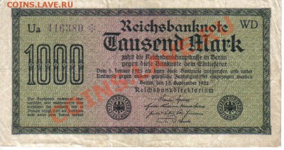 Германия 1000 марок 1922-380 № фиолетовый до 4.09 21.00мск - Германия 1000 марок 1922-380-1