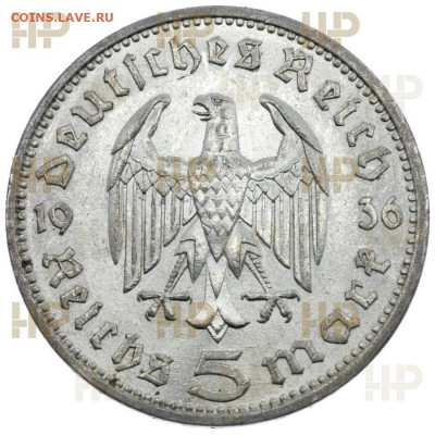 3 РЕЙХ 5 RM 1936г. Гинденбург MS62 до 22:00 17.05.2020 - VF9458r