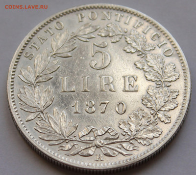 Ватикан 5 лир 1870 г. Серебро,900, вес - 25 гр. - 6